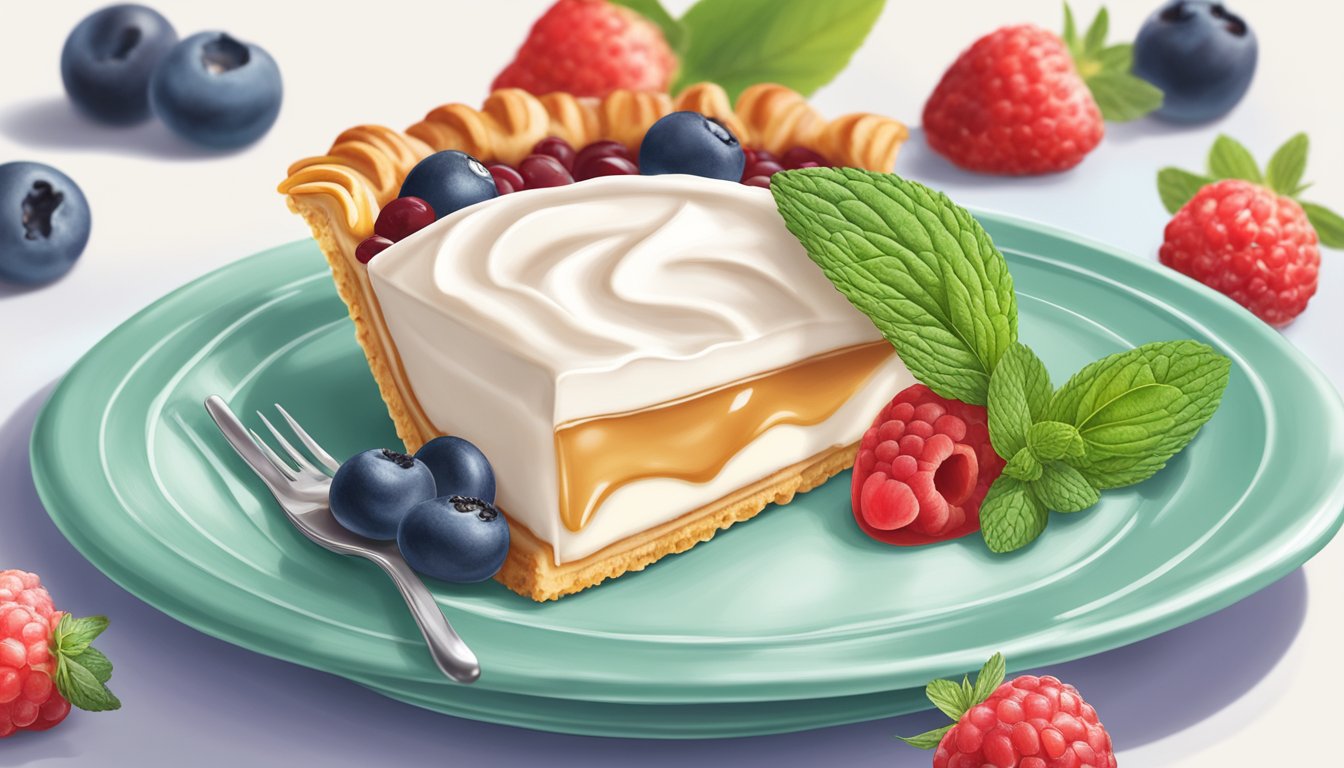 A dollop of Reddi-Wip Non-Dairy Almond sits on a slice of pie, surrounded by fresh berries and a sprig of mint