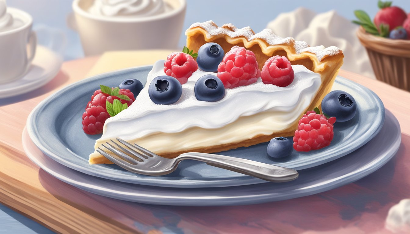 A dollop of lactose-free whipped topping sits atop a slice of pie, surrounded by fresh berries and a dusting of powdered sugar