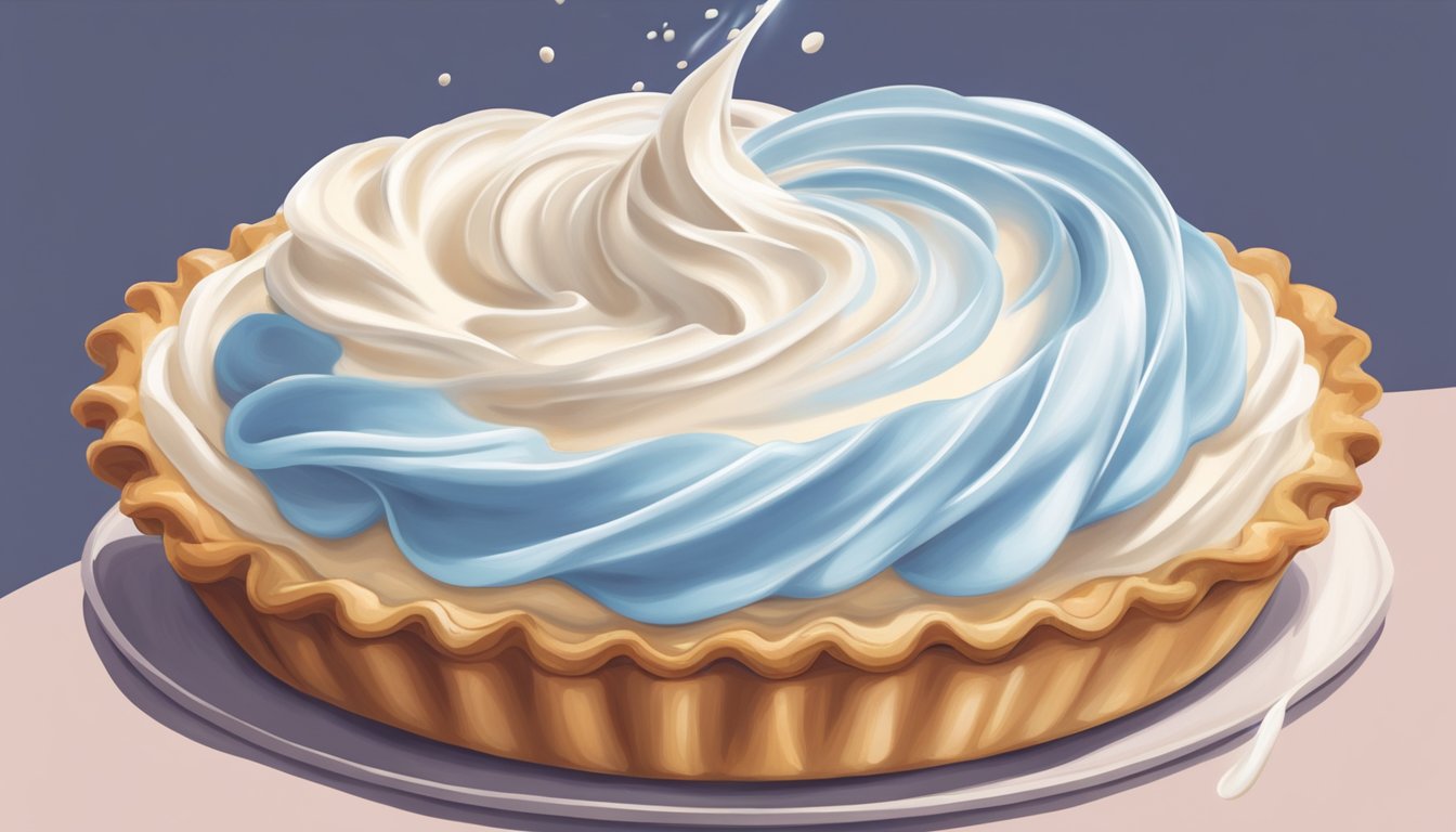 A dollop of non-dairy whipped topping being swirled onto a slice of pie