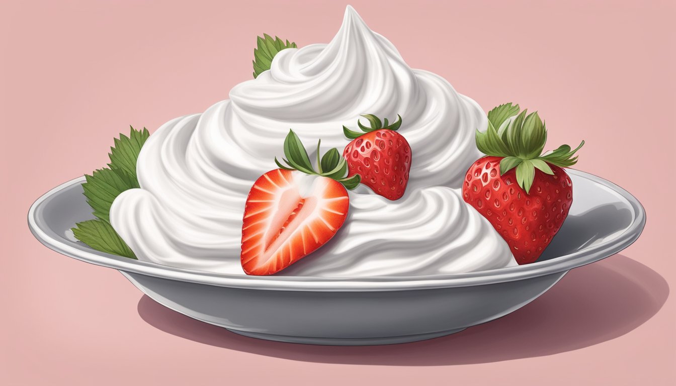 A dollop of lactose-free whipped cream sits atop a bowl of fresh strawberries, ready to be enjoyed