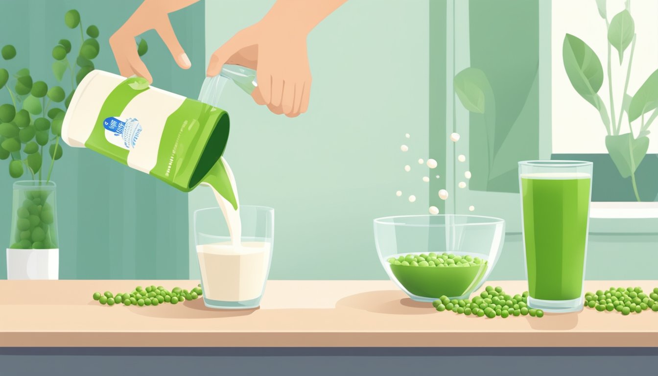 A person pouring pea milk into a glass, with a carton of regular milk and a bowl of peas in the background