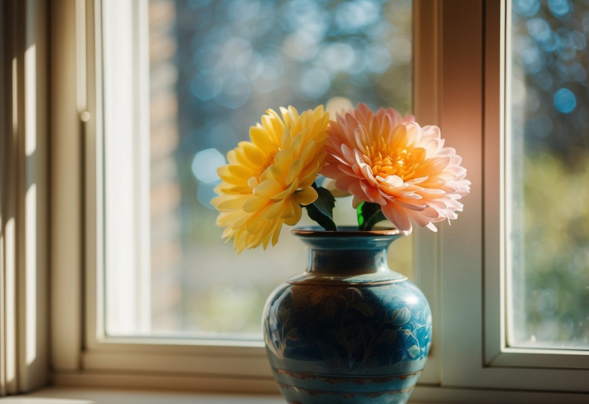 A faux flower resting in a vintage vase on a sunlit windowsill