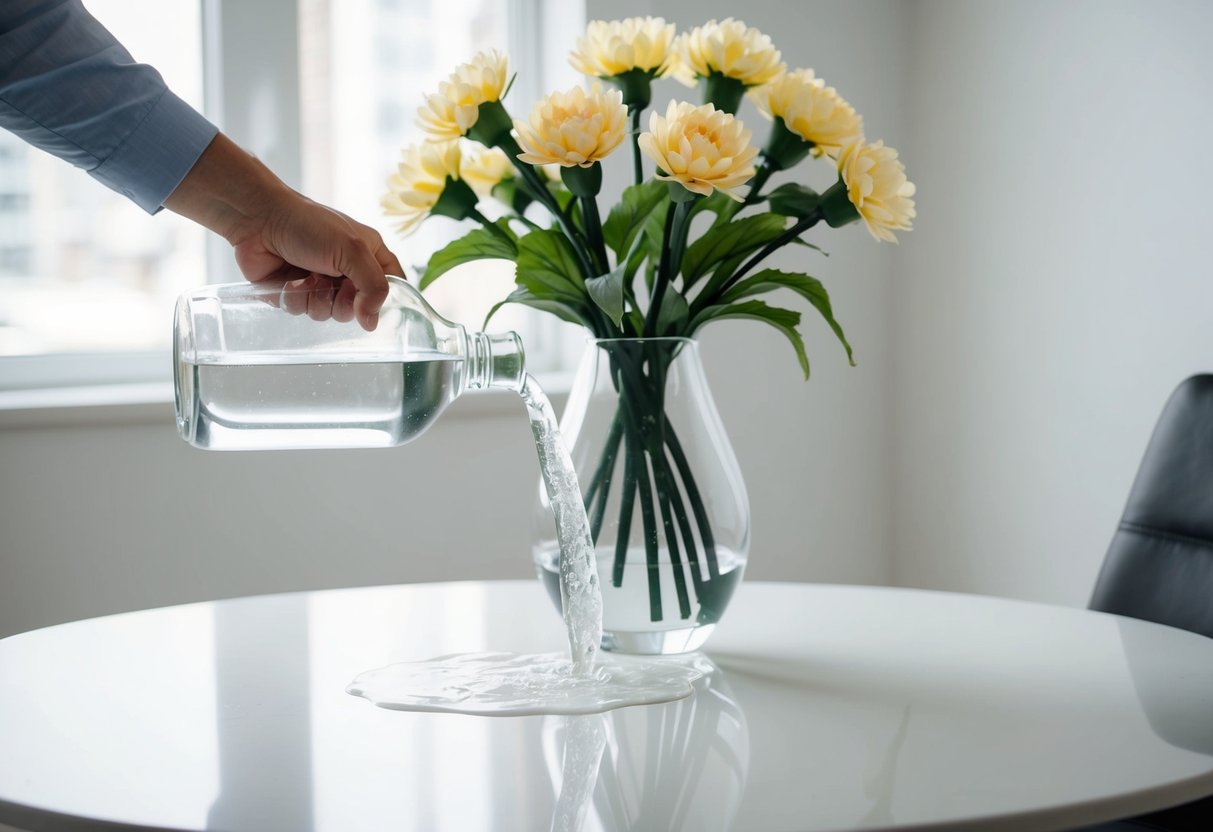 A hand pouring water into a vase of faux flowers on a clean, well-lit table