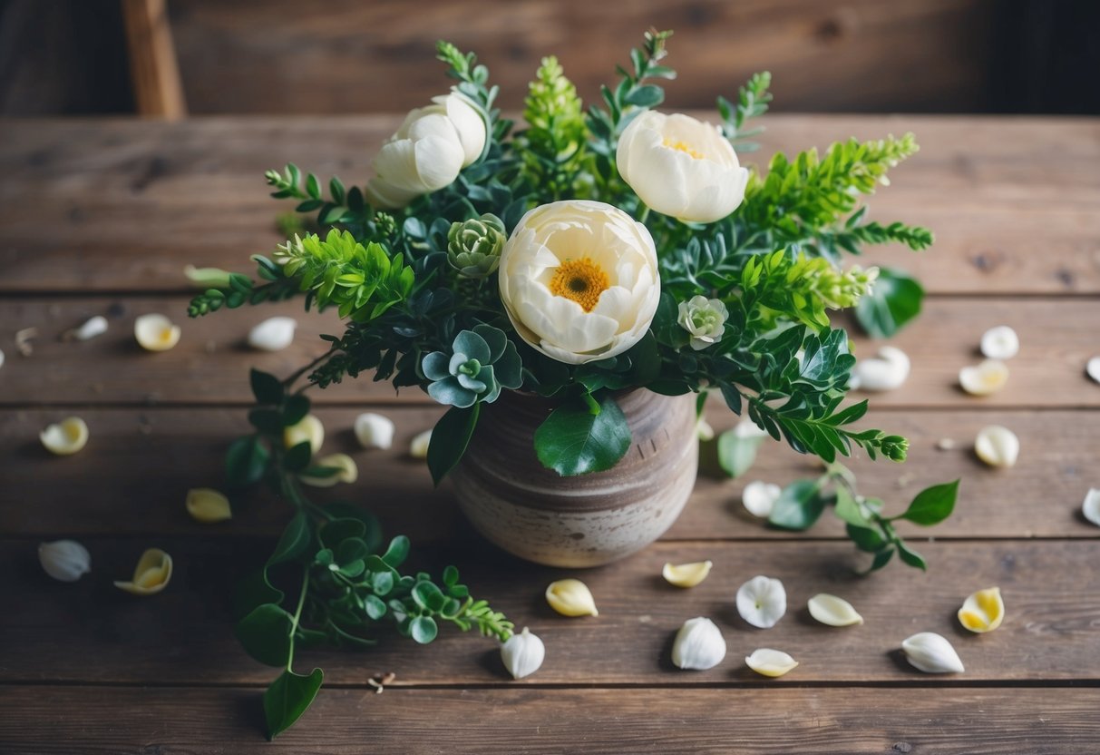 A rustic wooden table adorned with a vase of lifelike faux florals, surrounded by scattered petals and greenery