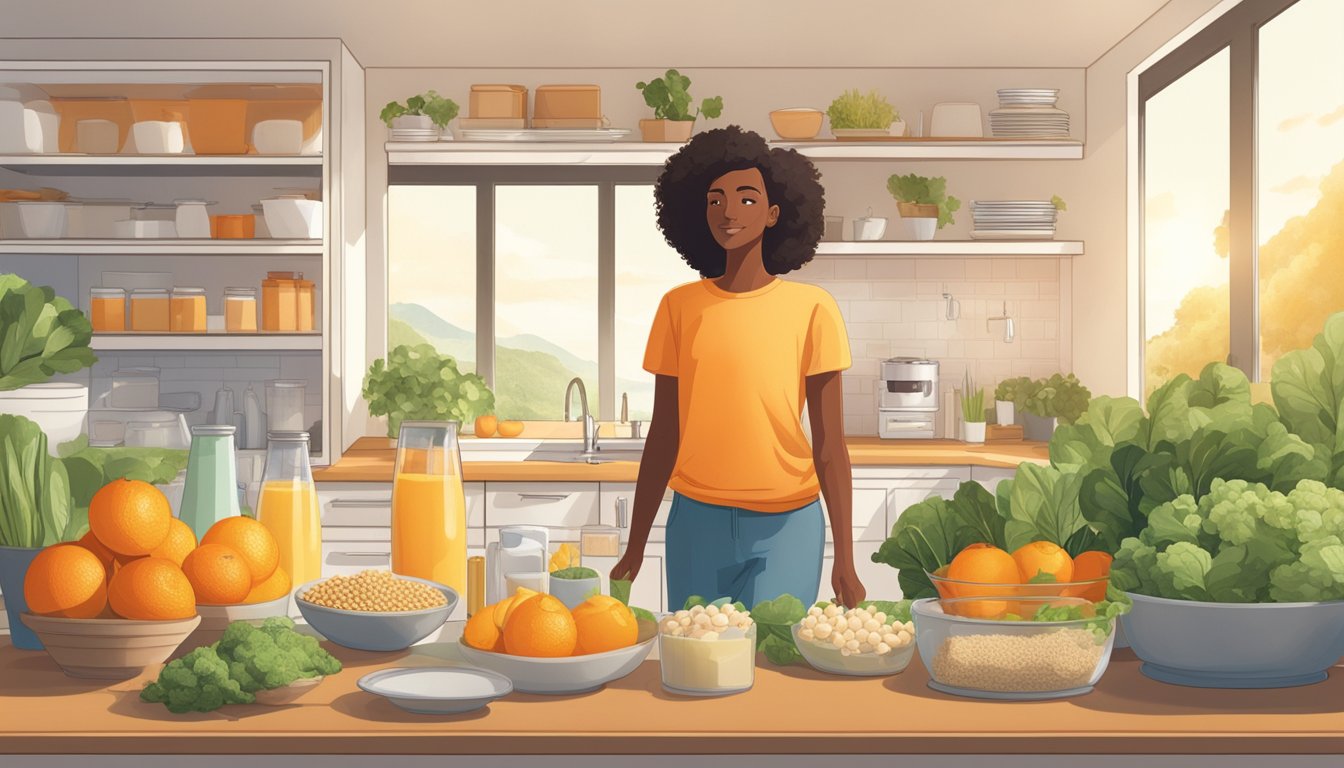 A person standing in a sunlit room, surrounded by various sources of non-dairy vitamin D and calcium-rich foods such as fortified orange juice, soy milk, leafy greens, and almonds