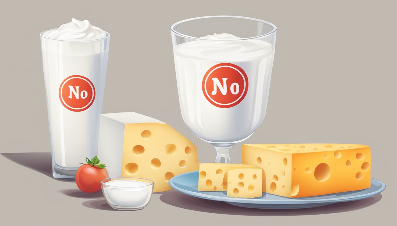 A glass of milk next to a pile of cheese and a bowl of yogurt, with a red "no" symbol over them