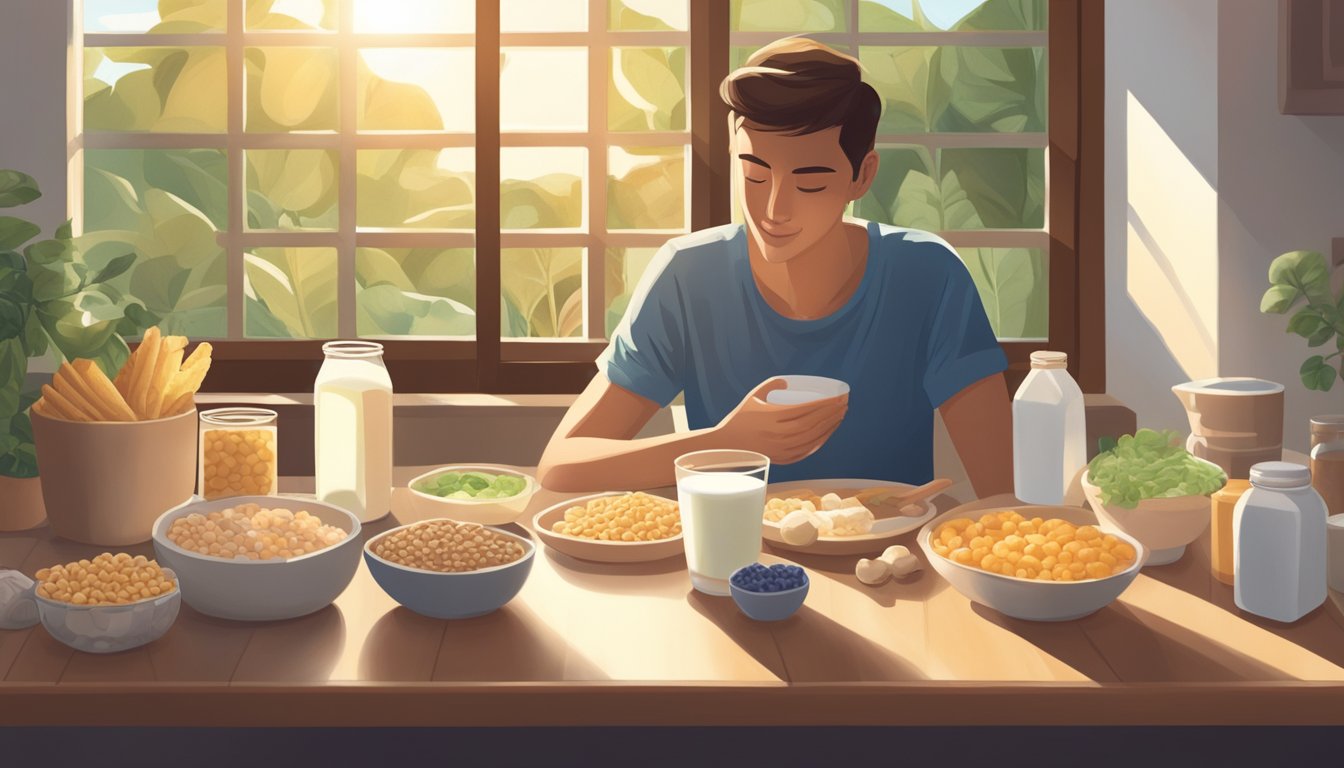 A person sitting at a table with a variety of non-dairy foods like fortified plant-based milk, tofu, mushrooms, and fortified cereals, with sunlight streaming in through a window