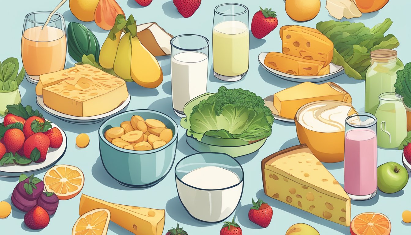 A person enjoying a variety of dairy-free foods, such as fruits, vegetables, and alternative milk products, while reading about lactose intolerance and management strategies