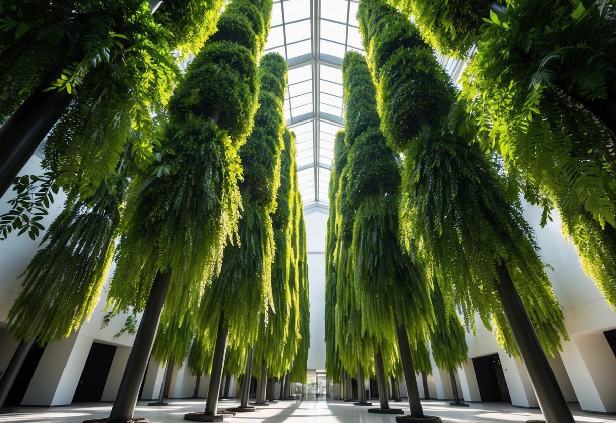 Towering artificial trees fill an expansive indoor space, their lush green foliage reaching towards the high ceiling. Sunlight filters through the leaves, casting dappled shadows on the ground below