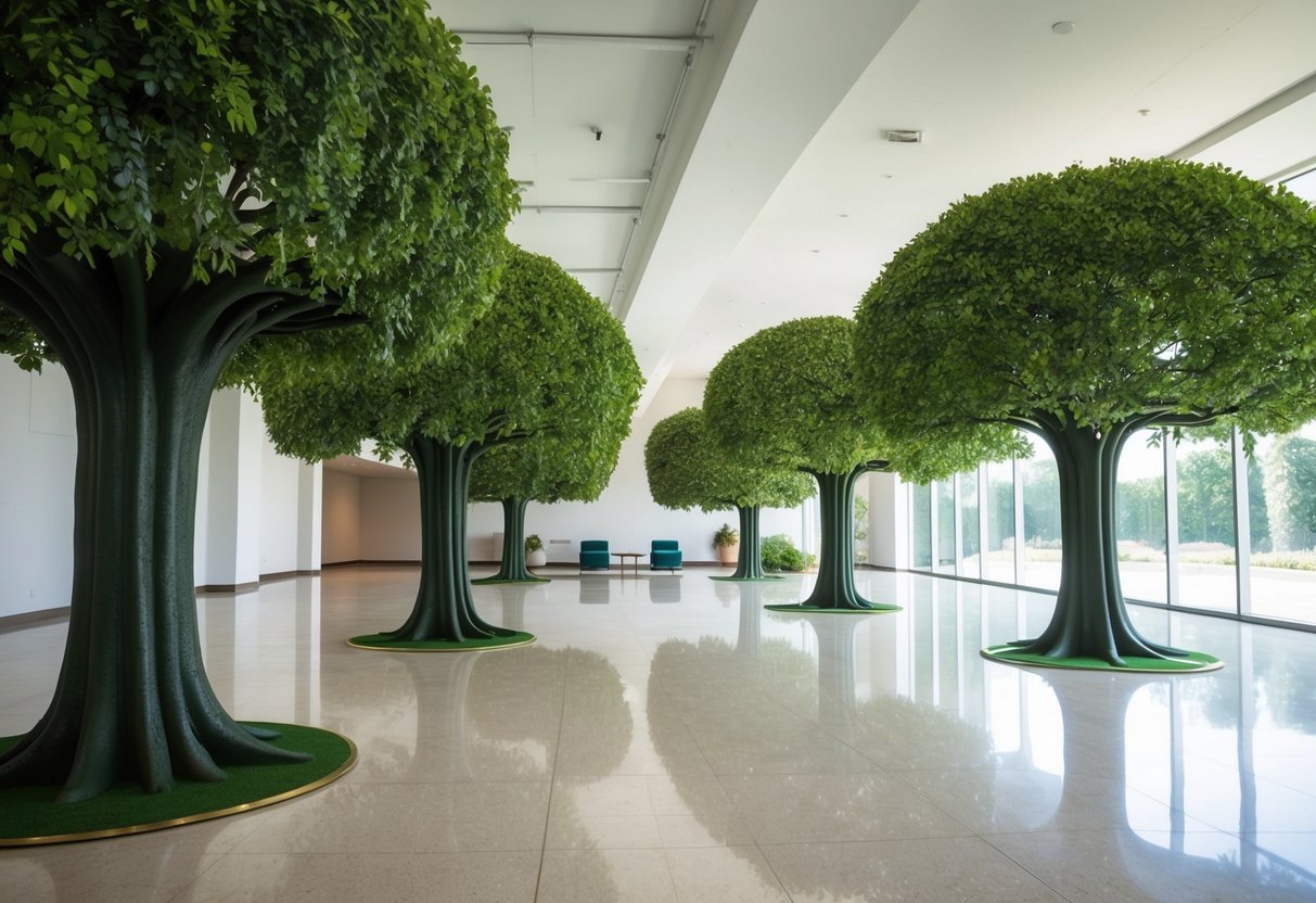 A spacious indoor area with large artificial trees, creating a serene and natural atmosphere