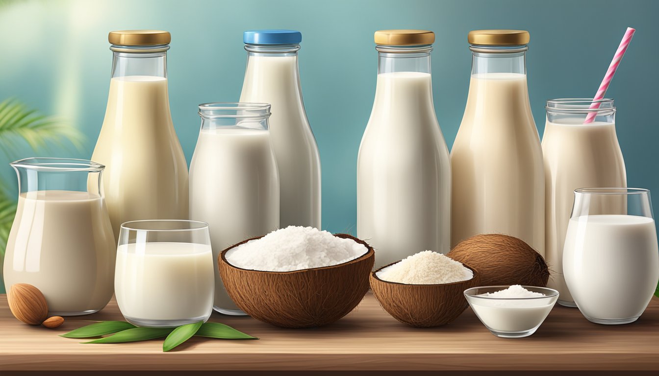 A variety of milk alternatives including coconut milk, almond milk, and soy milk displayed on a wooden table with a focus on the coconut milk