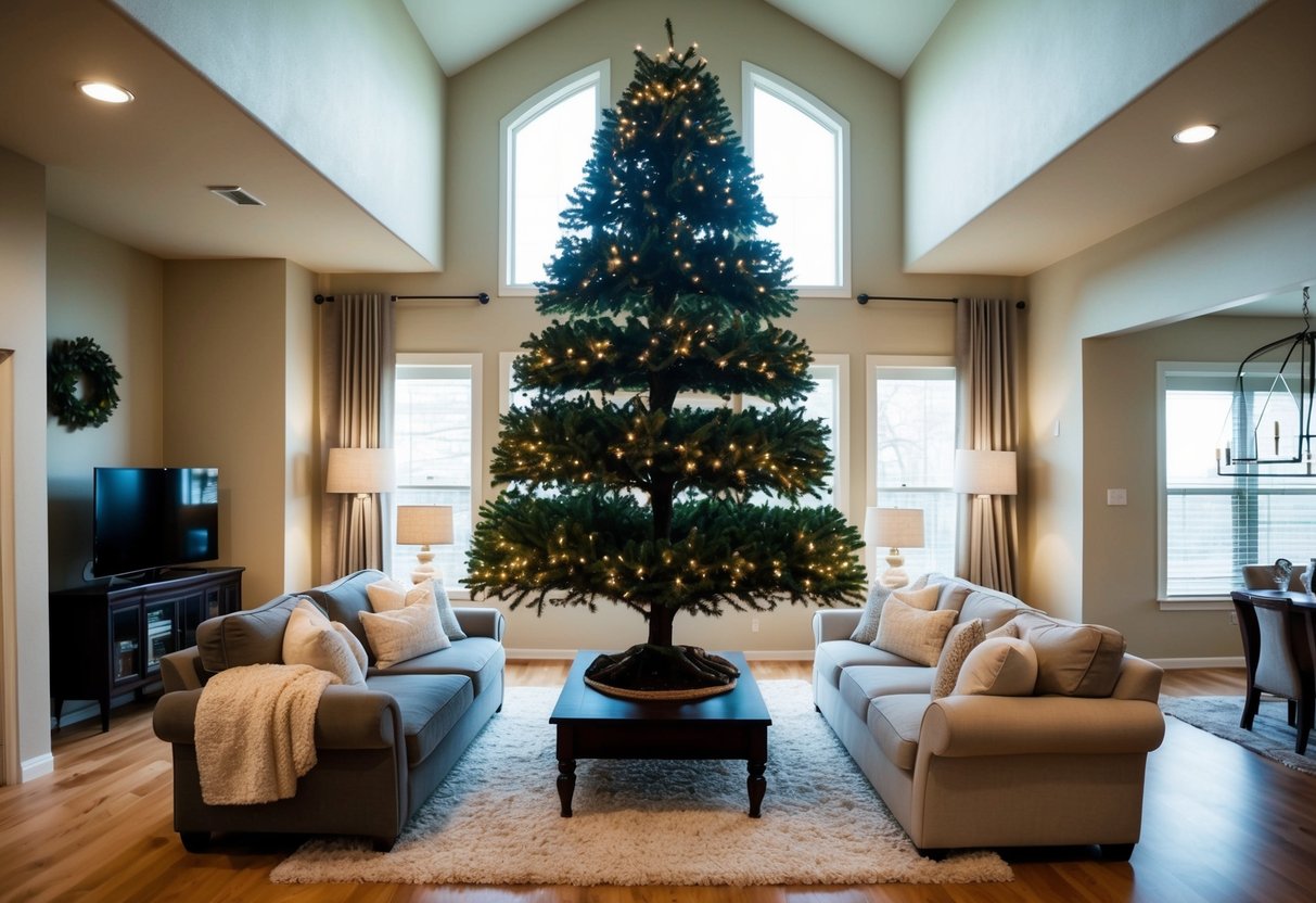 A living room with high ceilings, adorned with a large artificial tree, surrounded by cozy furniture and soft lighting