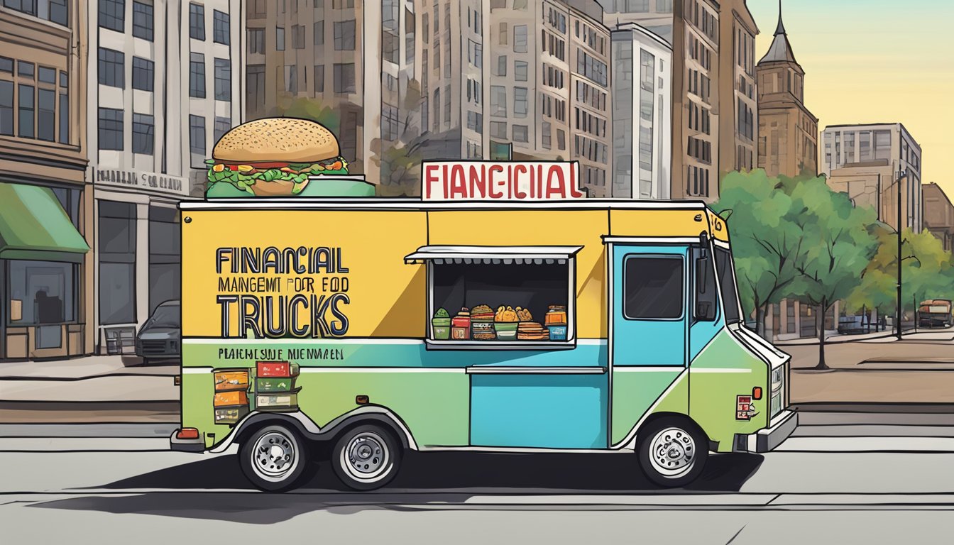 A food truck parked on a city street with a sign displaying "Financial Management for Food Trucks" and a cityscape of Des Moines, Iowa in the background