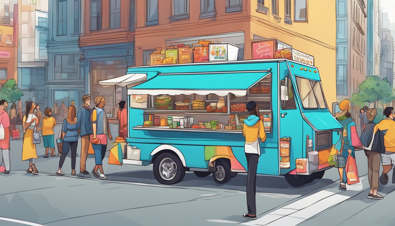 A food truck parked on a bustling street, surrounded by eager customers and colorful signage promoting marketing strategies and customer engagement