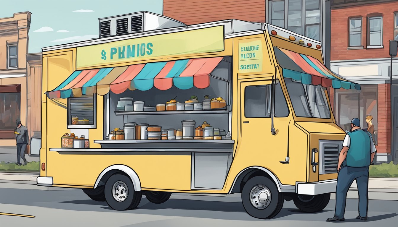 A food truck parked in Des Moines, Iowa, with city officials inspecting and enforcing compliance with local food safety and health regulations