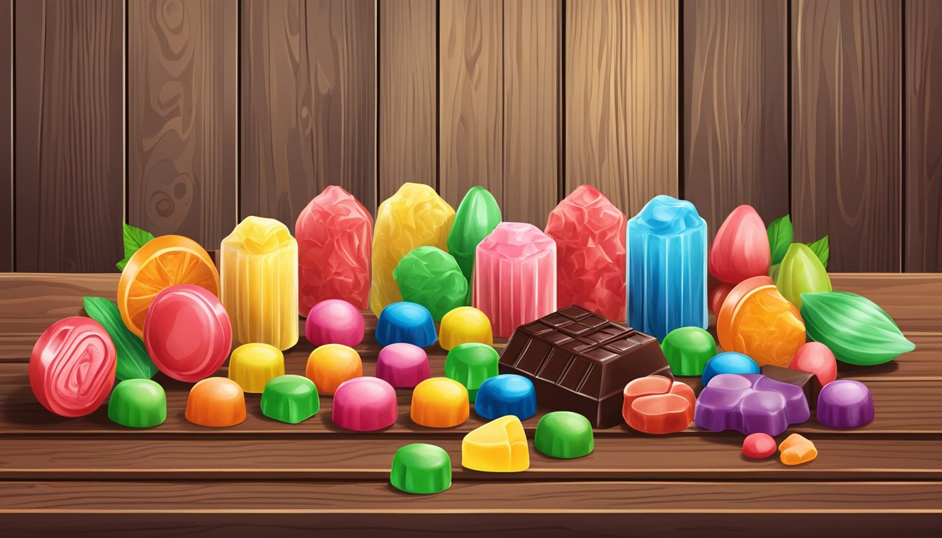 A colorful assortment of lactose-free candies, including dark chocolate, fruit chews, and gummy bears, displayed on a rustic wooden table