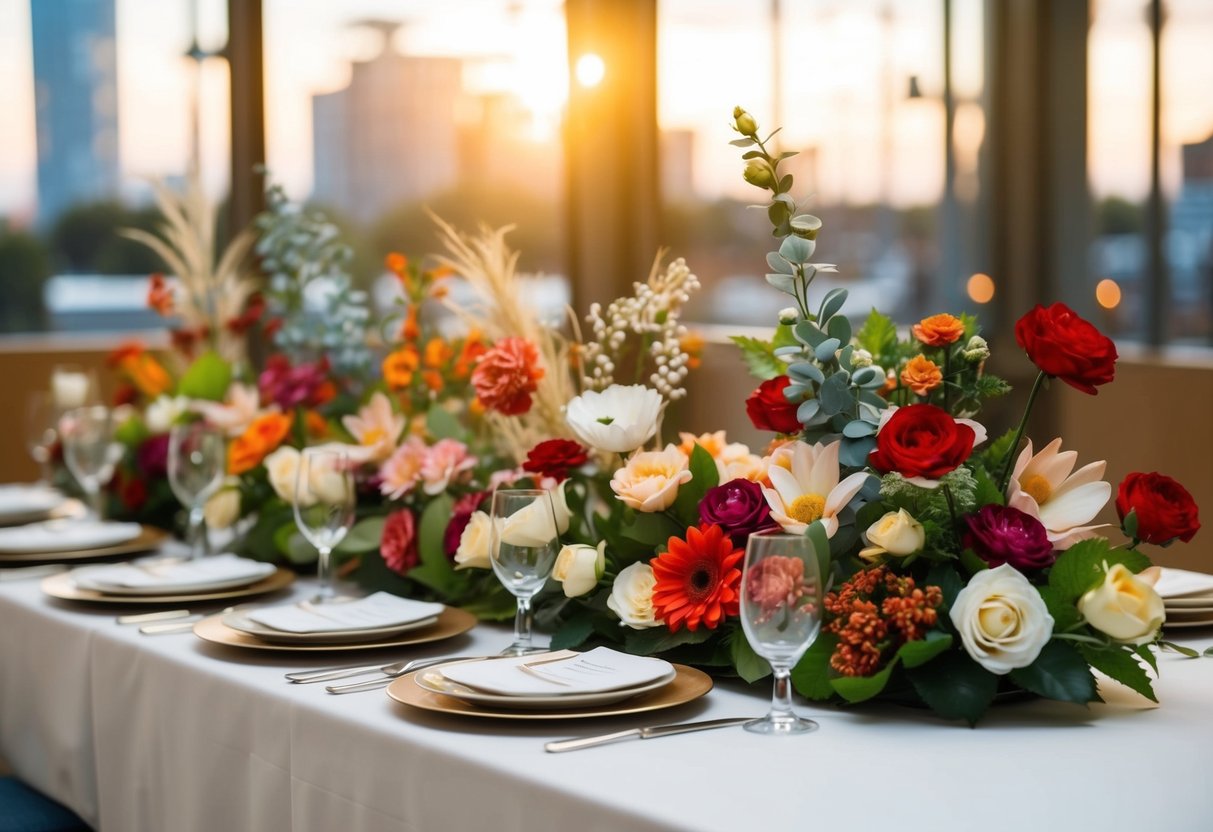 A table adorned with a variety of artificial flowers in a decorative arrangement