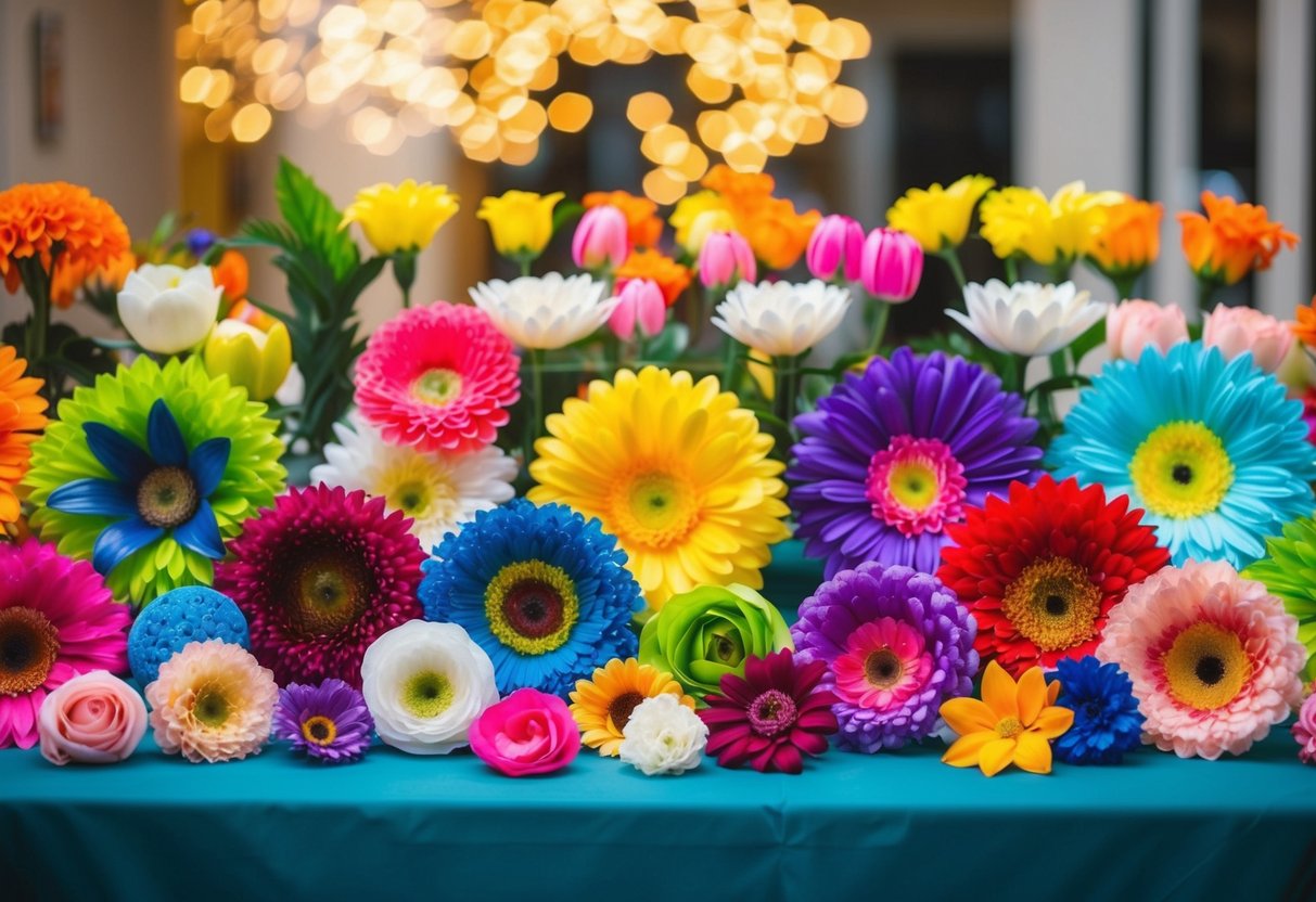 A table adorned with a variety of artificial flowers in vibrant colors and different shapes, arranged in an attractive display