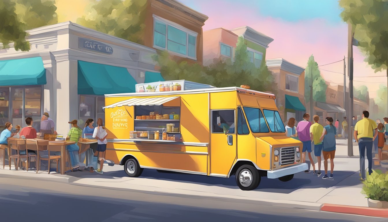 A colorful food truck parked in a bustling Santa Clarita street, surrounded by eager customers and complying with local food truck laws