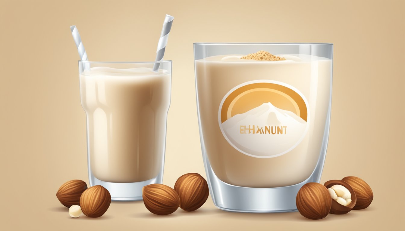 A glass of hazelnut milk surrounded by hazelnuts and a lactose-free symbol