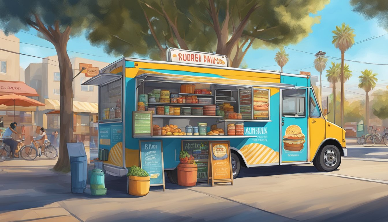 A food truck parked on a city street, surrounded by signs displaying various licenses and permits required by Santa Clarita, California laws