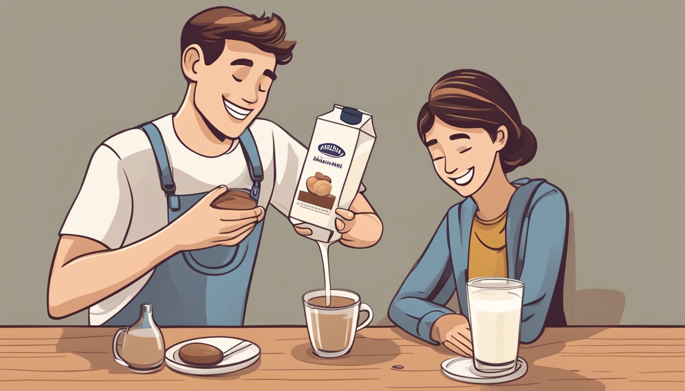 A glass of hazelnut milk sits next to a spilled carton of regular milk. A person smiles while pouring hazelnut milk into their coffee