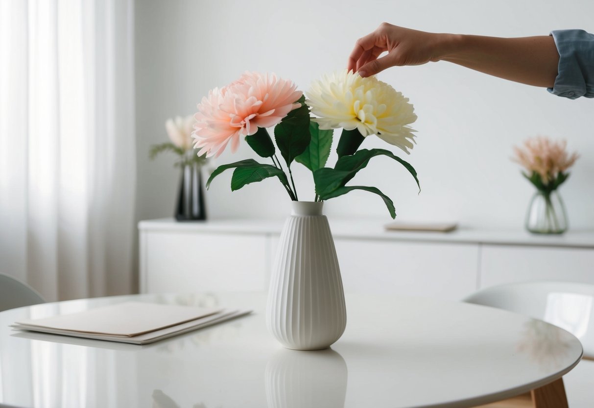 A hand placing artificial flowers in a vase on a clean, clutter-free table