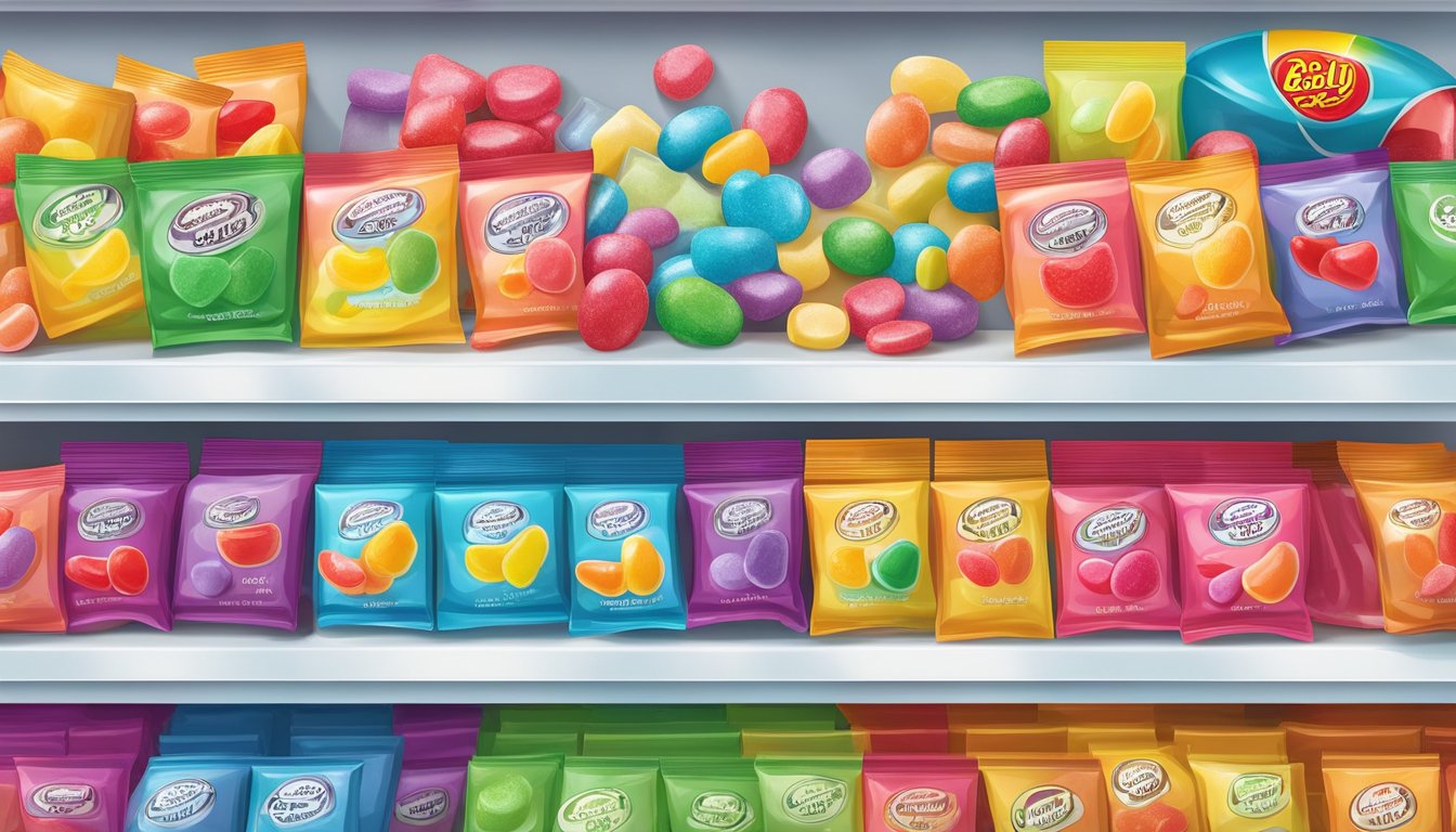 A colorful assortment of sugar-free gummy candies, including Jelly Belly brand, displayed on a bright, modern candy store shelf