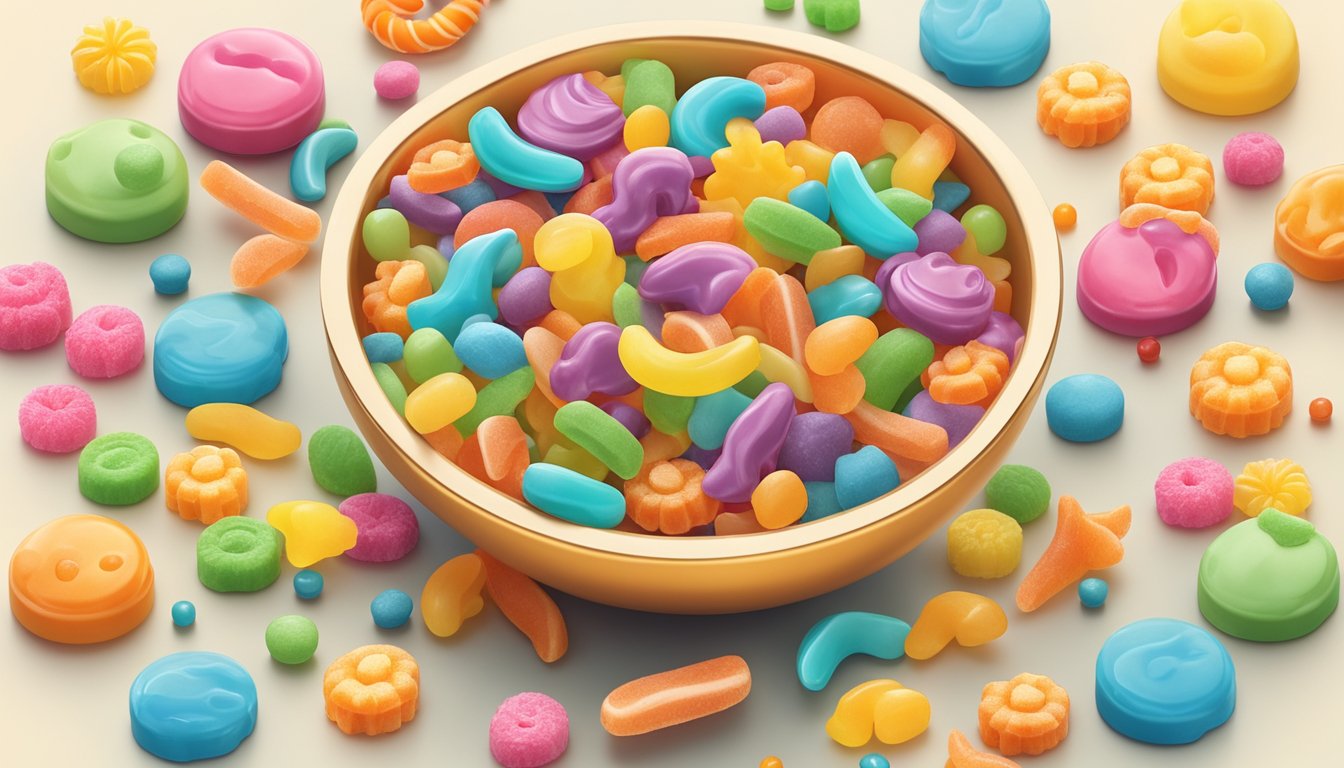 A colorful bowl of Surf Sweets Organic Fruity Bears surrounded by various lactose-free candy options, such as gummy worms and hard candies