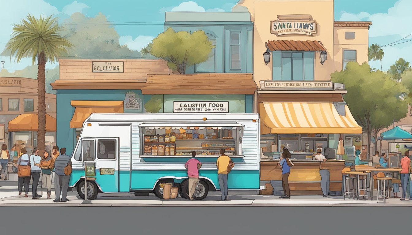 A food truck parked on a bustling street in Santa Clarita, California, with a line of customers waiting to order, surrounded by signage displaying local food truck laws