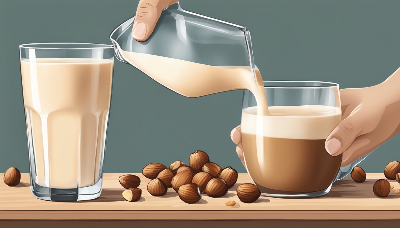 A person pouring hazelnut milk into a glass, with a carton of hazelnut milk and a bowl of hazelnuts nearby