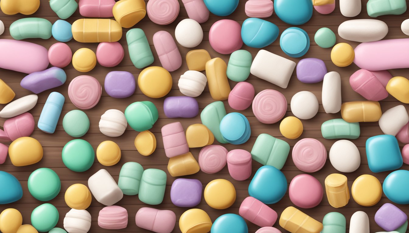 A colorful display of assorted lactose-free candies, including Dandies Marshmallows, arranged on a wooden table with a backdrop of pastel-colored packaging