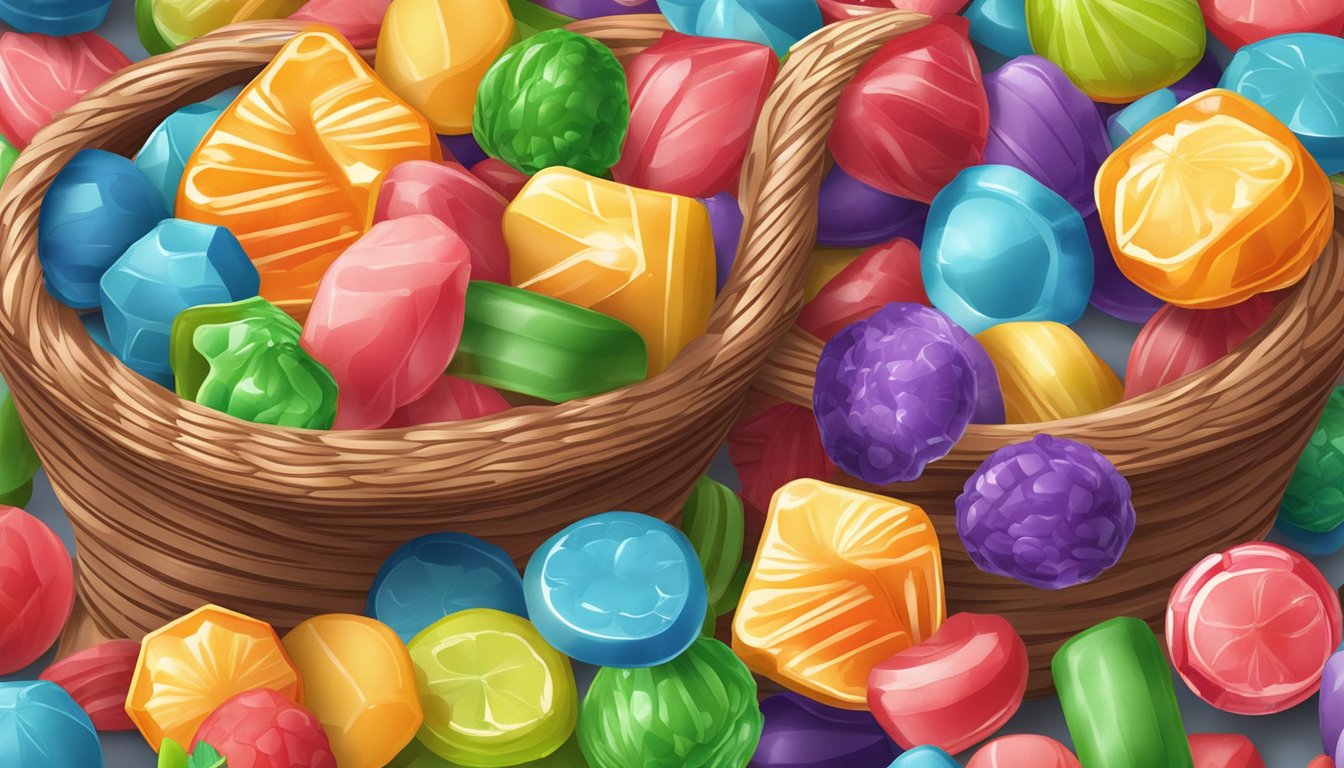 A colorful assortment of GoOrganic hard candies spilling out of a woven basket, with various fruit and herbal flavors depicted on the packaging