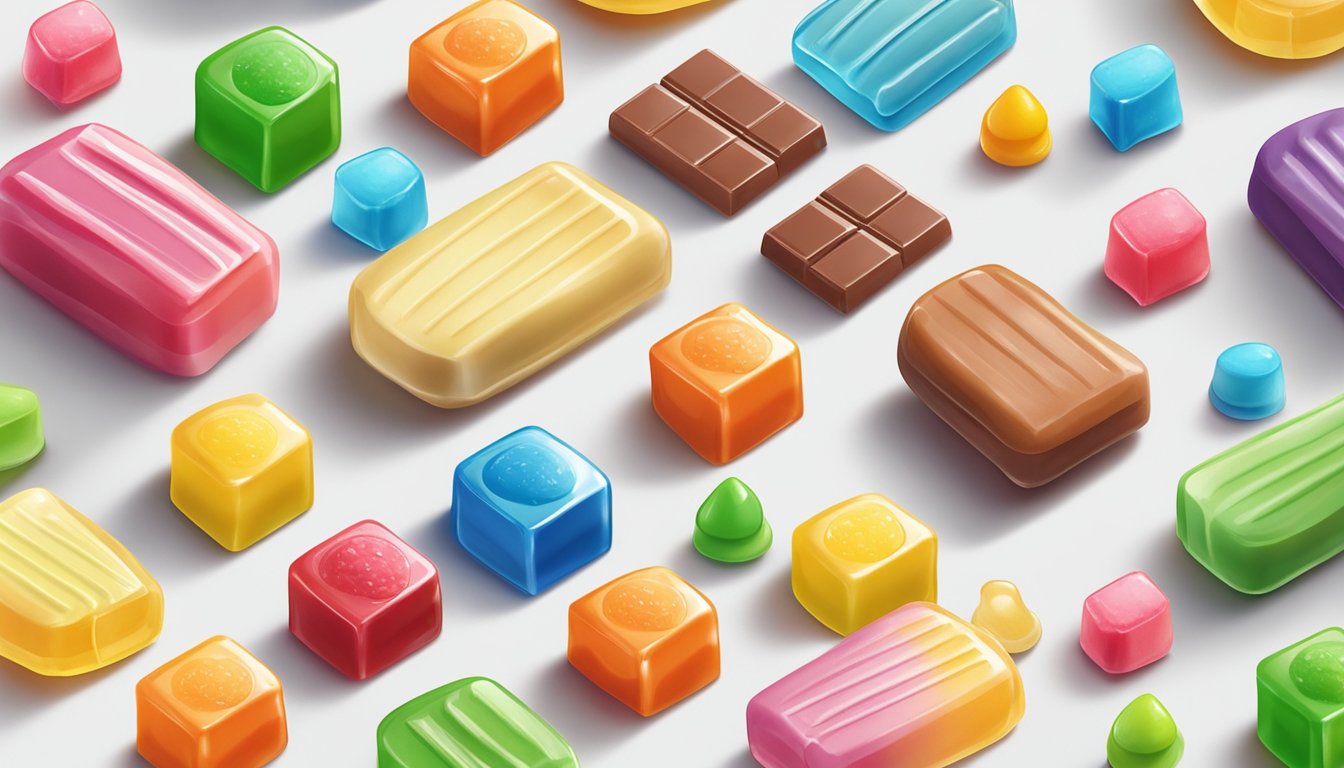 A colorful assortment of lactose-free candies, including gummy bears, lollipops, and chocolate bars, displayed on a clean, white surface