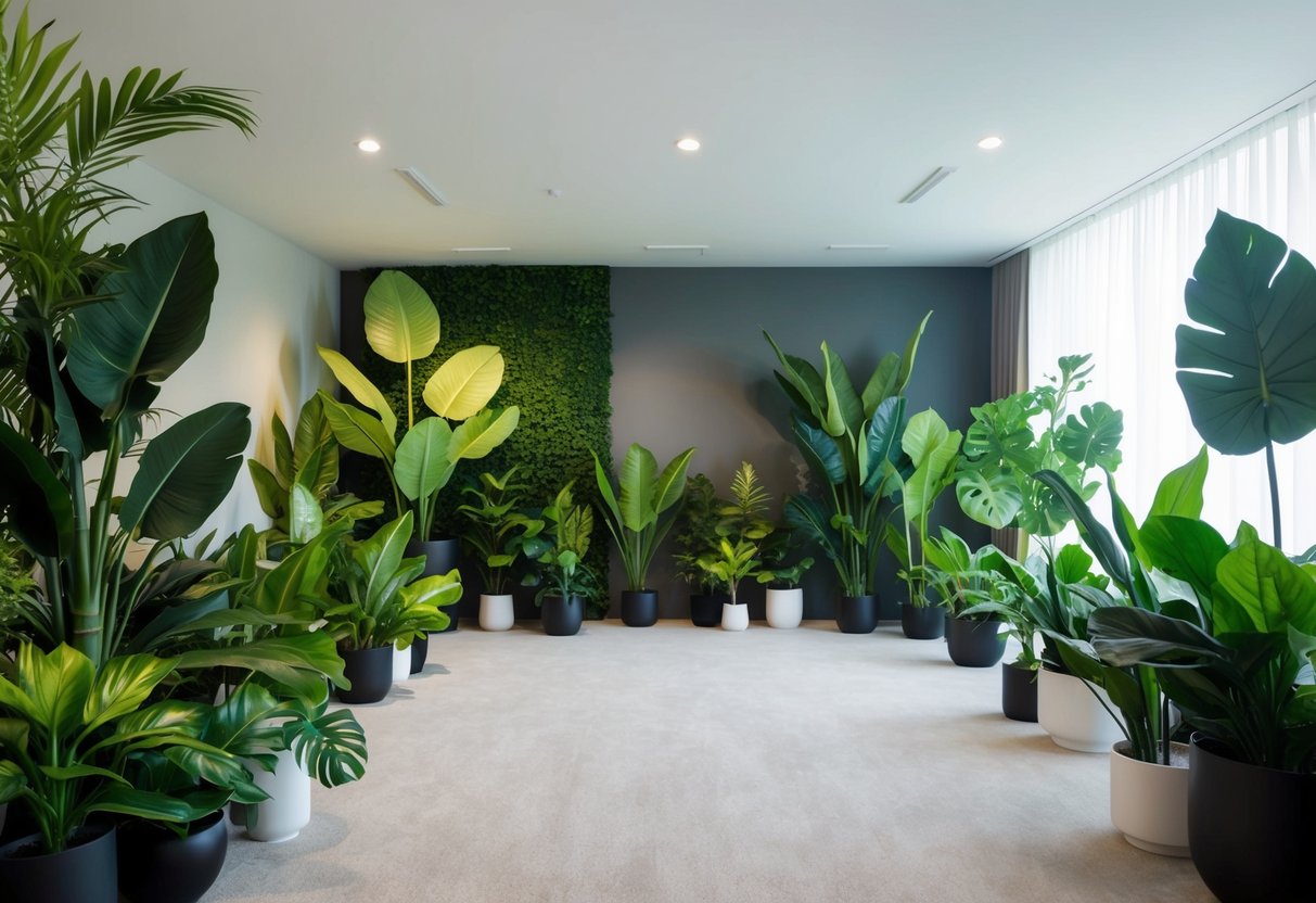 A spacious room with a variety of large, lifelike fake plants placed throughout, creating a lush and verdant indoor garden