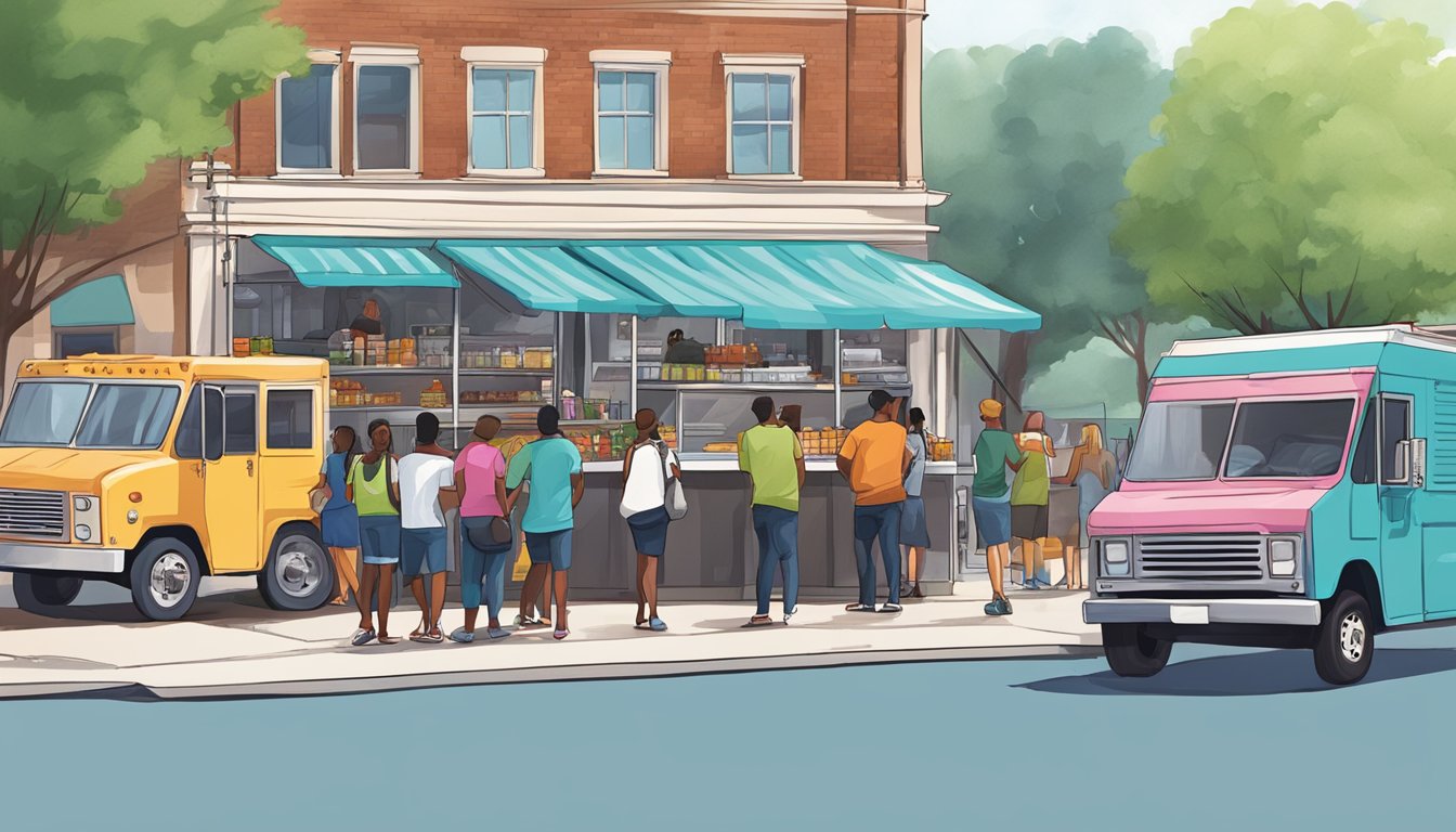 A food truck parked on a bustling street in McKinney, Texas, with a line of customers waiting to order, surrounded by colorful signage and a welcoming atmosphere