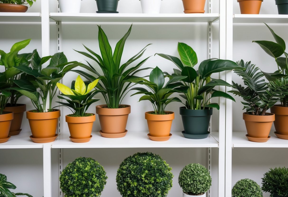 A variety of lifelike artificial plants in pots displayed on shelves in a well-lit room