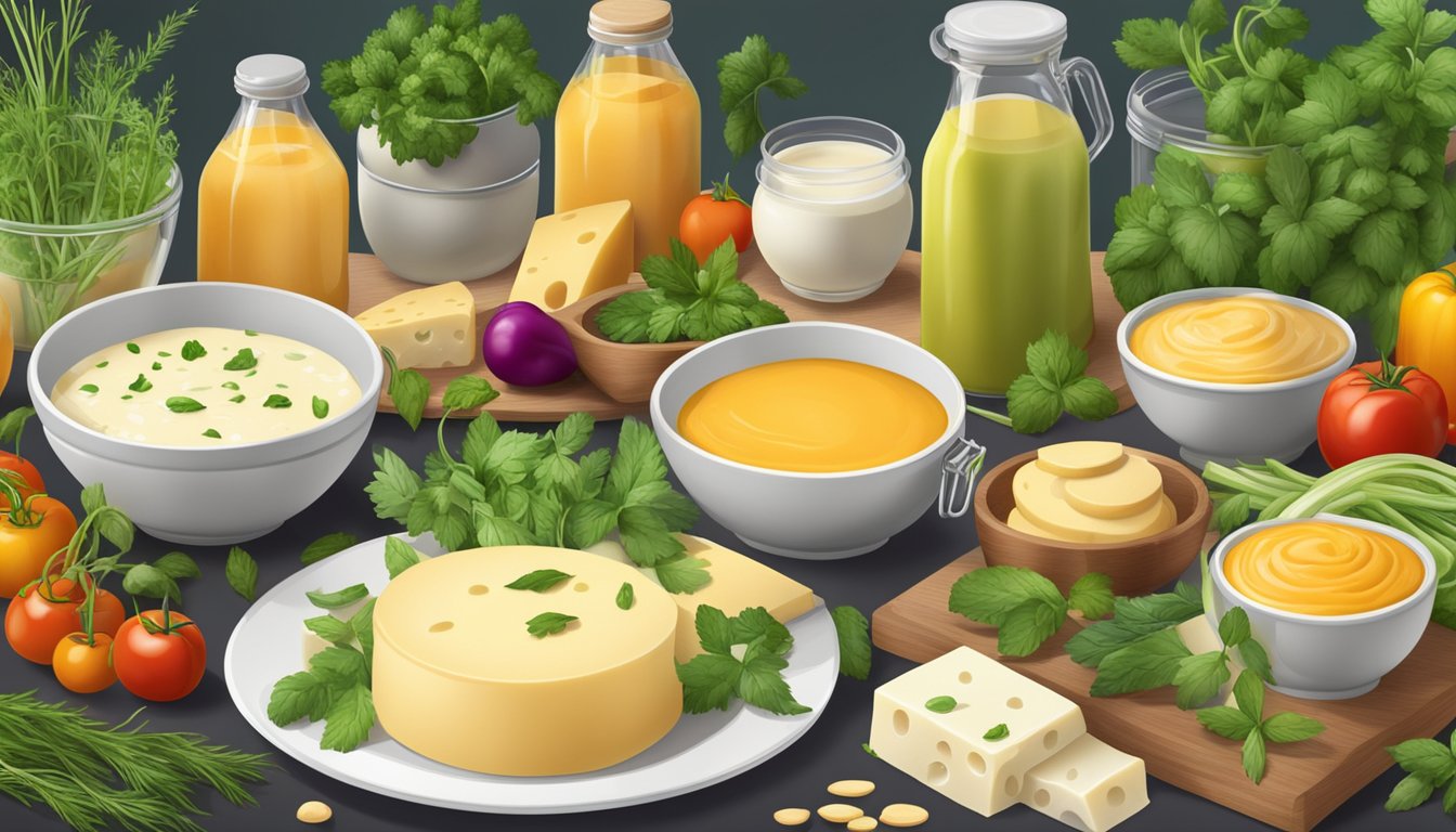 A spread of lactose-free cheese sauces in various containers, surrounded by fresh herbs and vegetables