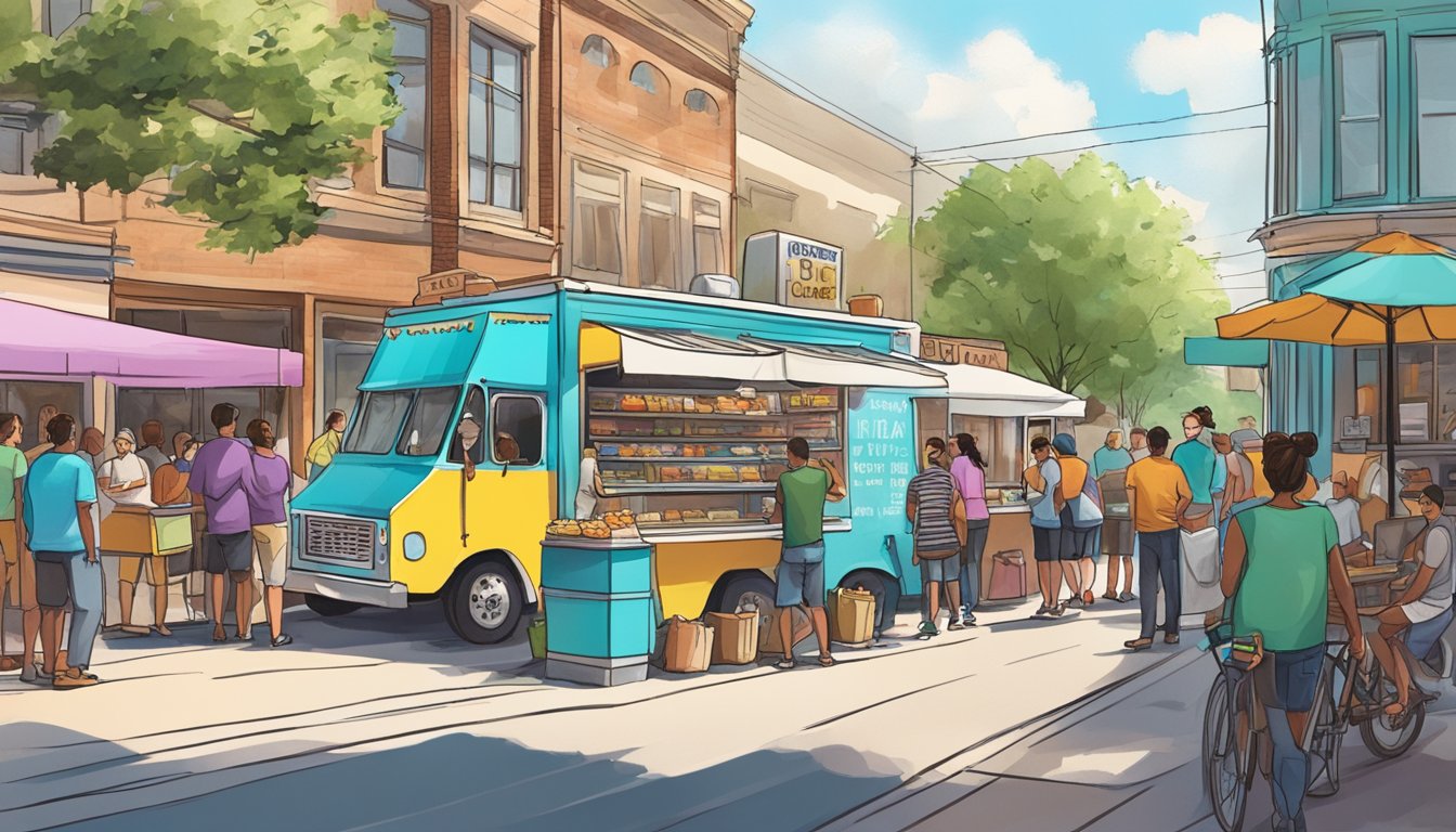 A food truck parked in a bustling McKinney, Texas street, with a line of customers waiting to order, surrounded by signs displaying operational essentials and local food truck laws