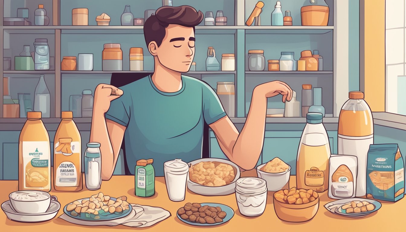 A person sitting at a table with various lactose-free products in front of them, looking uncomfortable and experiencing symptoms such as bloating and stomach pain