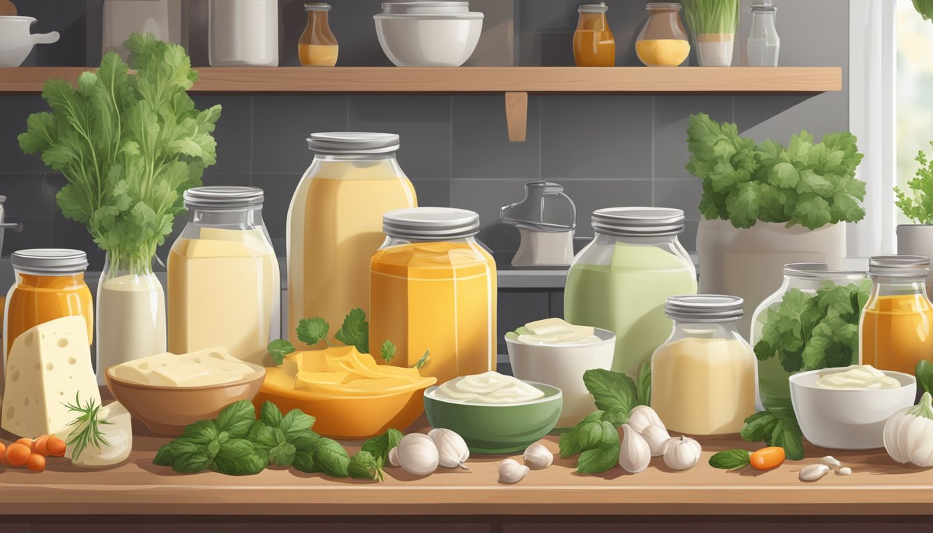 A variety of lactose-free cheese sauces in jars and bottles on a kitchen counter, surrounded by fresh herbs and vegetables