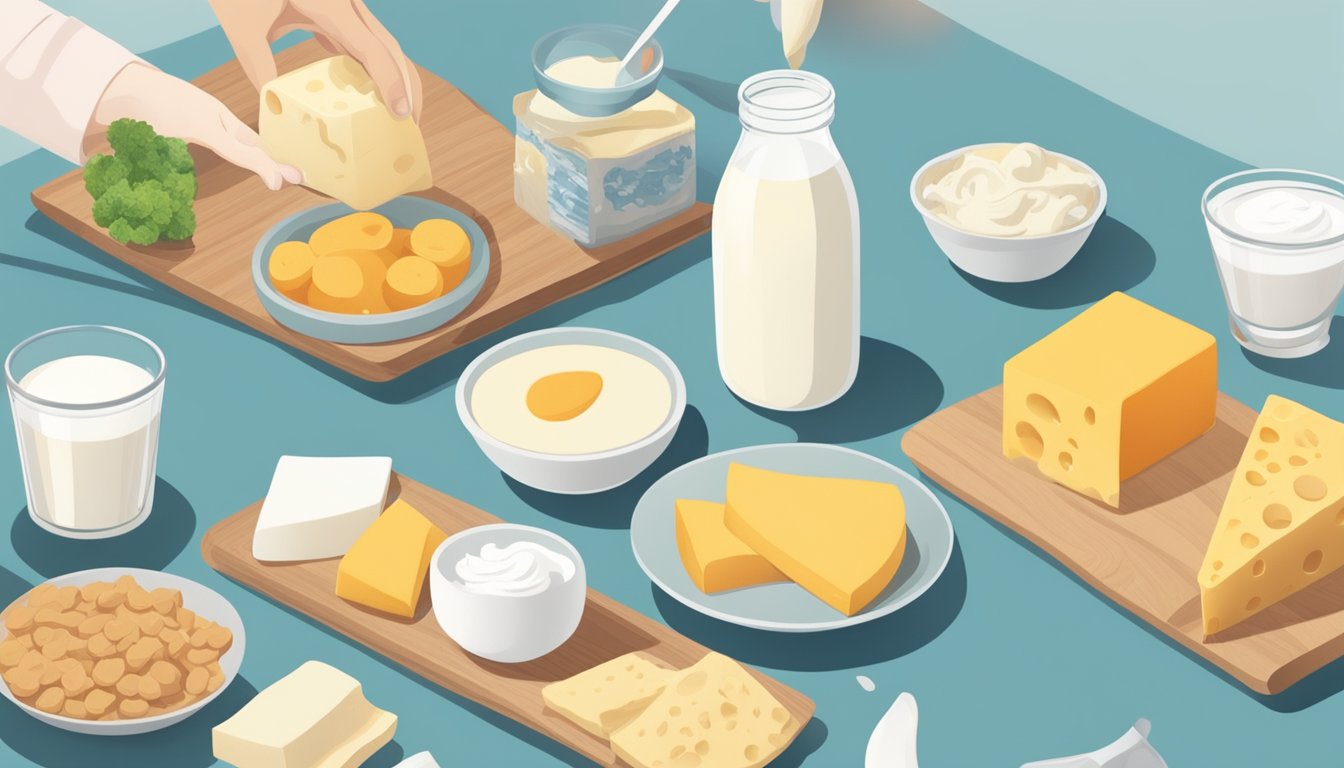 A table with various lactose-free products, including milk, cheese, and yogurt, surrounded by a person experiencing discomfort after consuming them