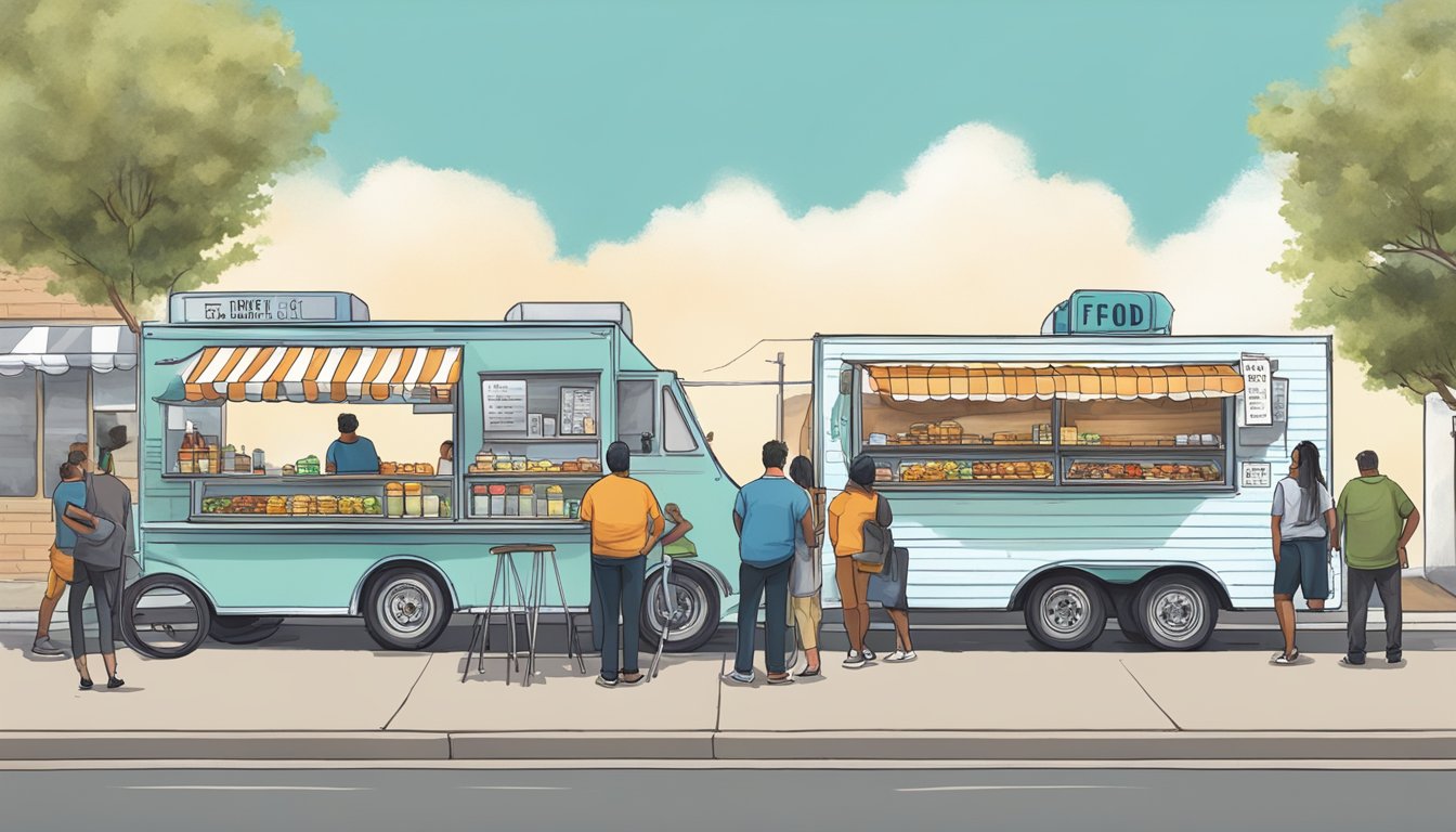 A food truck parked on a busy street in McKinney, Texas, with a line of customers waiting to order, while the owner displays required permits and licenses prominently