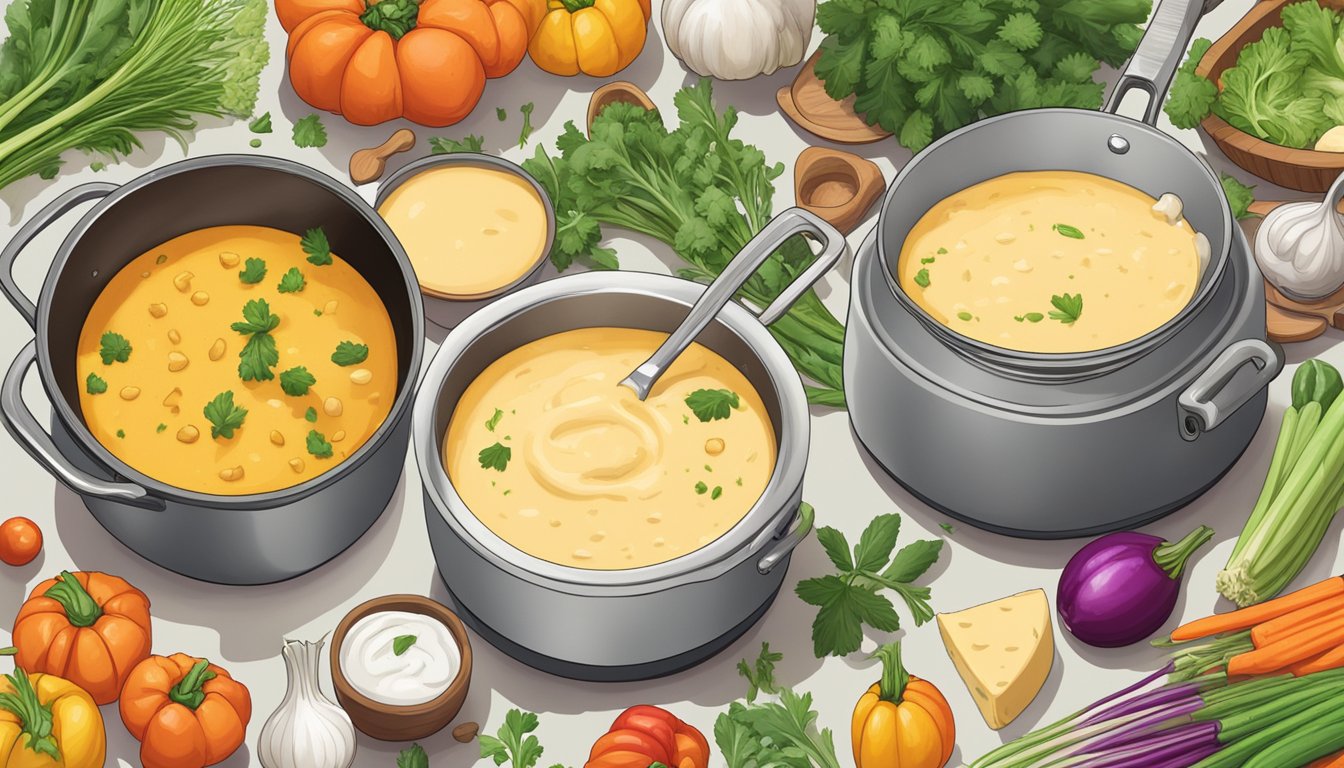 A bubbling pot of dairy-free cheese sauce simmering on a stovetop, surrounded by colorful vegetables and a variety of herbs and spices