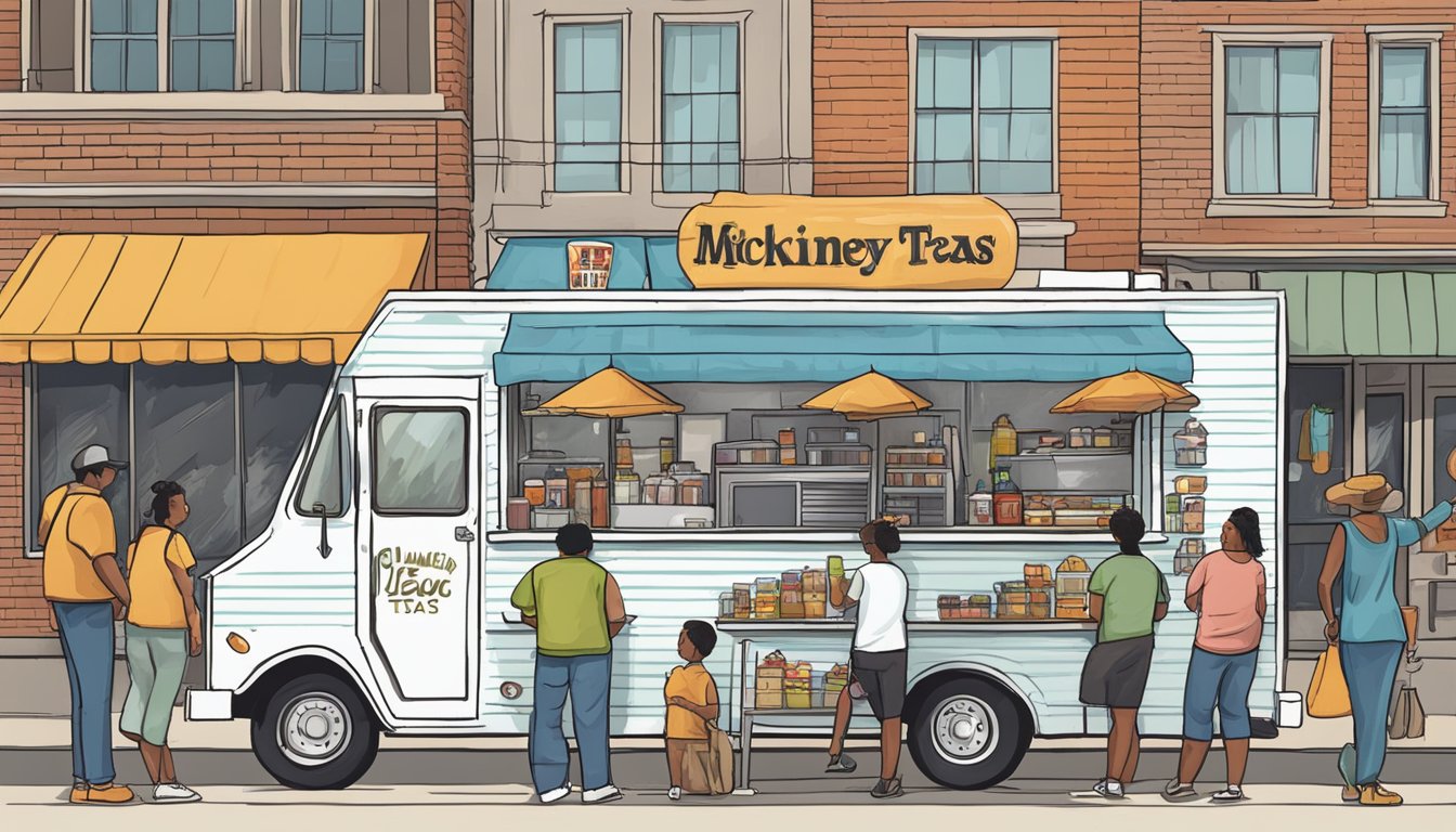 A food truck parked on a bustling street, with a sign displaying "McKinney, Texas" laws. Customers line up, while the owner prepares food inside