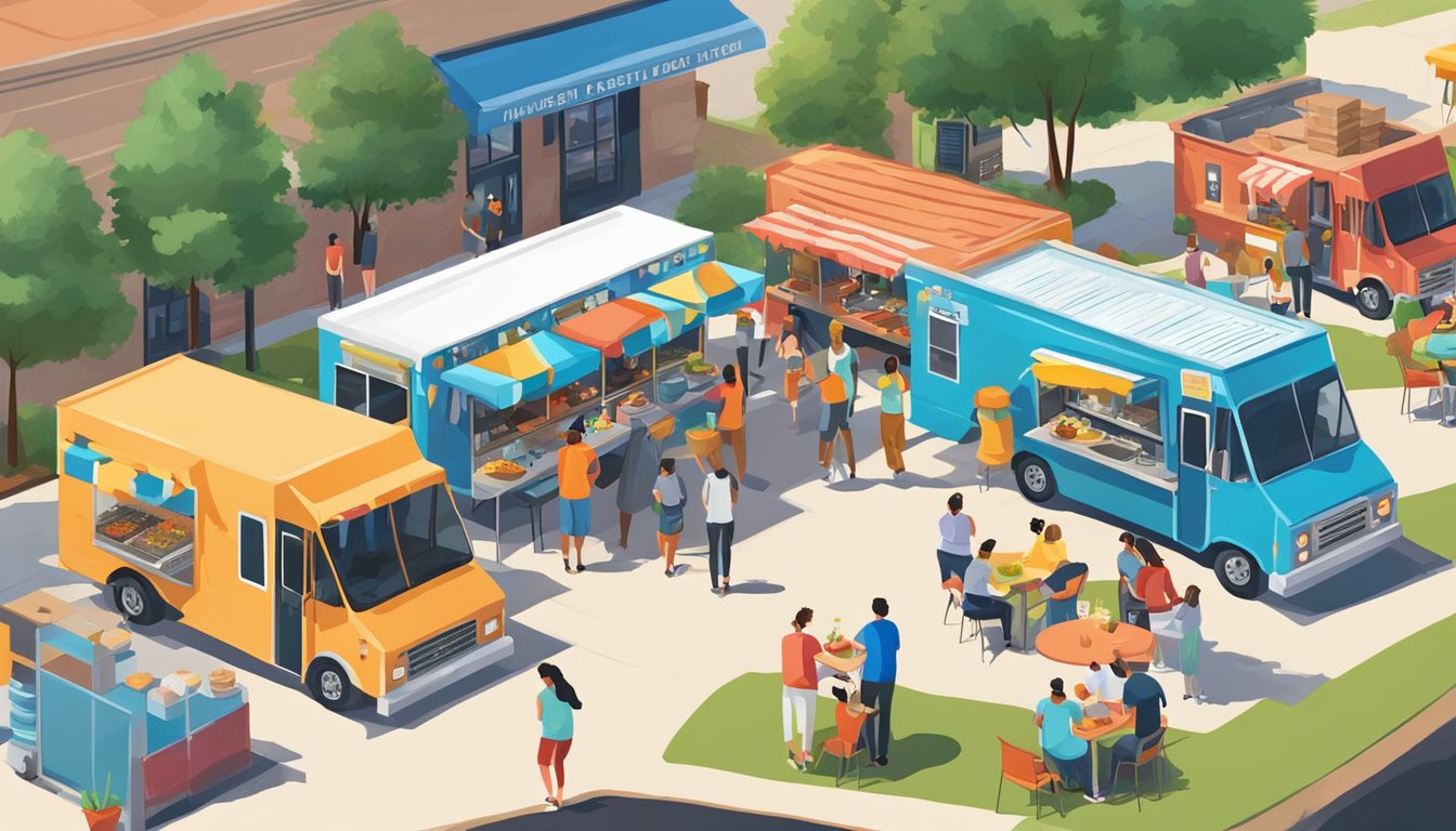 A bustling food truck park in McKinney, Texas, with colorful trucks serving a variety of cuisines under the bright sun