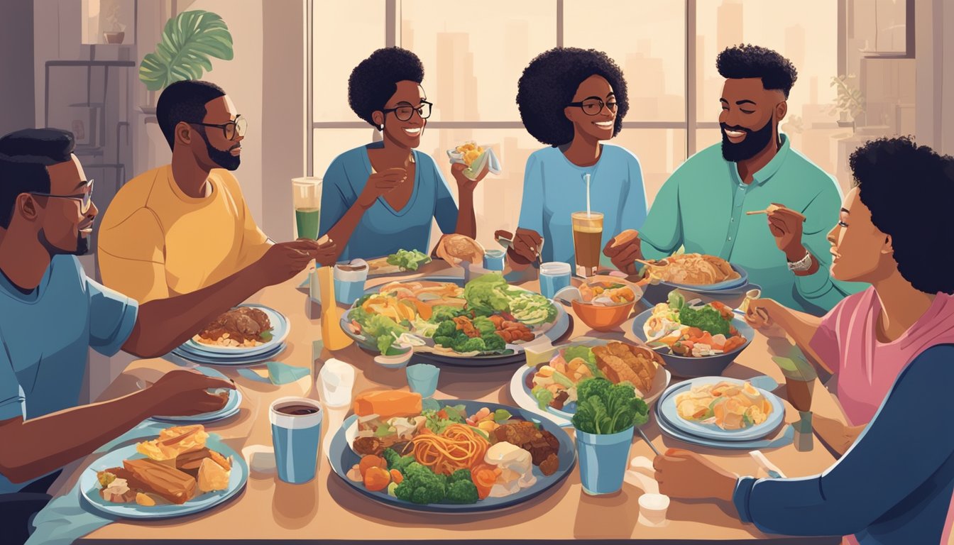 A diverse group of people enjoying a meal together, with some individuals avoiding dairy products and others consuming them without issue