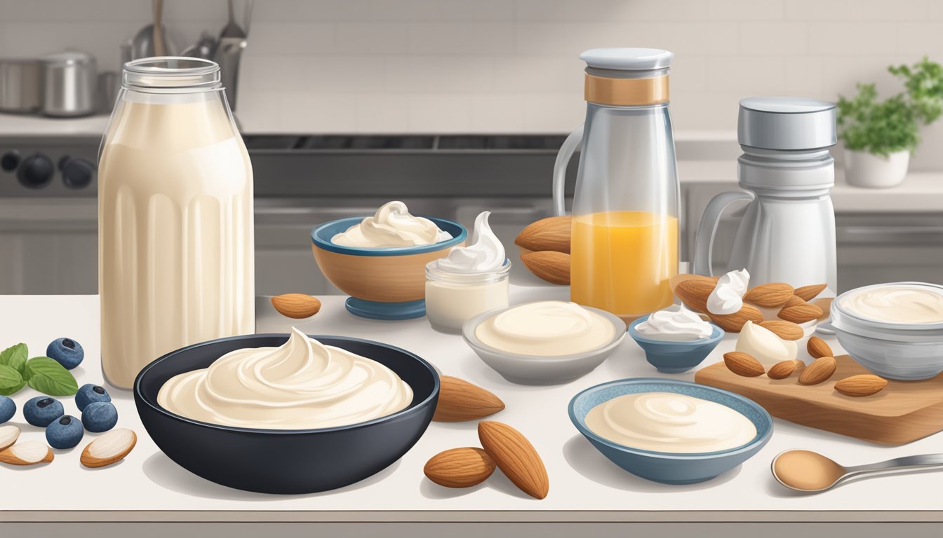 A kitchen counter with various lactose-free cream alternatives, including Silk Almond Creamer, surrounded by cooking utensils and ingredients