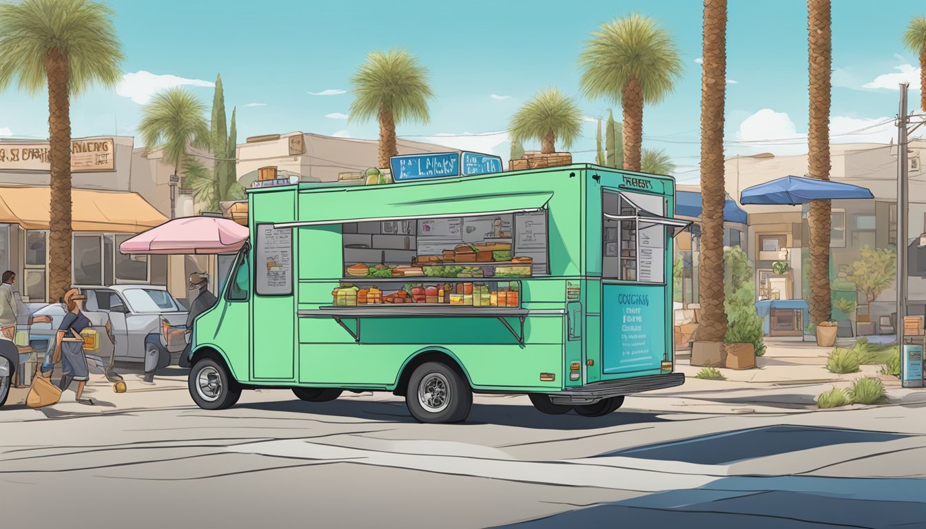 A food truck parked on a bustling street, displaying a sign with "Operational Standards and Consumer Protection" laws in Spring Valley, Nevada