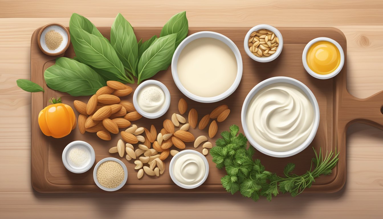 A spread of various lactose-free cream alternatives, including soy, almond, and cashew cream, displayed on a wooden cutting board with fresh herbs and vegetables